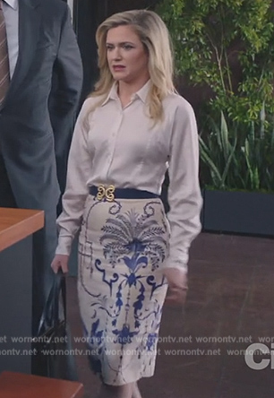Sadie’s white printed skirt on American Auto