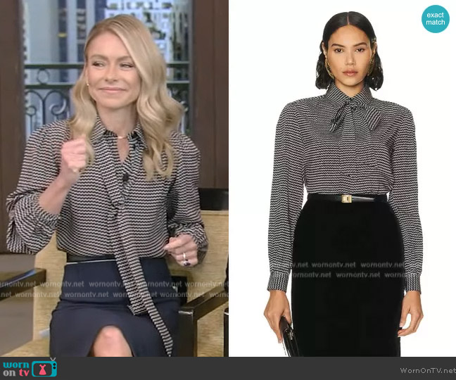 Saint Laurent Lavalliere Neck Blouse worn by Kelly Ripa on Live with Kelly and Mark