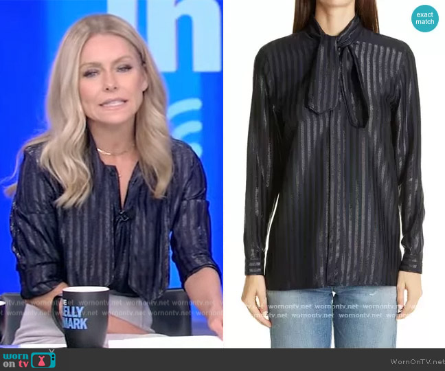 Saint Laurent Tie-neck striped metallic silk-blend shirt worn by Kelly Ripa on Live with Kelly and Mark