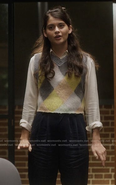 Sam’s diamond print sweater vest on Single Drunk Female