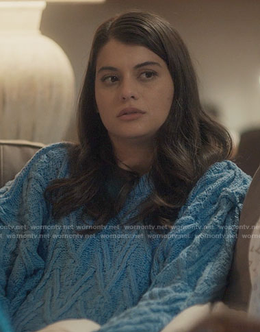Sam’s blue cable knit sweater on Single Drunk Female