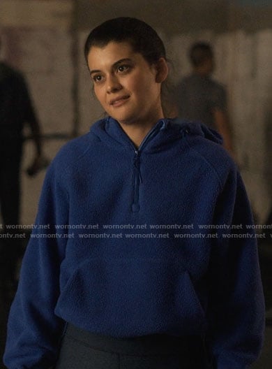 Sam’s blue fleece hoodie on Single Drunk Female