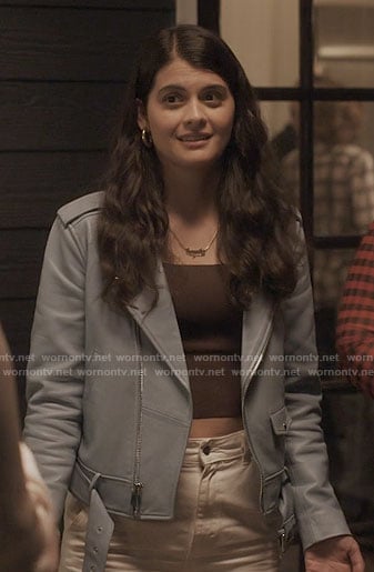 Sam’s blue leather moto jacket on Single Drunk Female