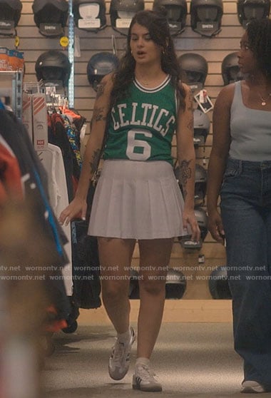 Sam’s Celtics tank top and white pleated skirt on Single Drunk Female