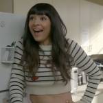 Sam’s striped cherry print sweater and red skirt on Not Dead Yet