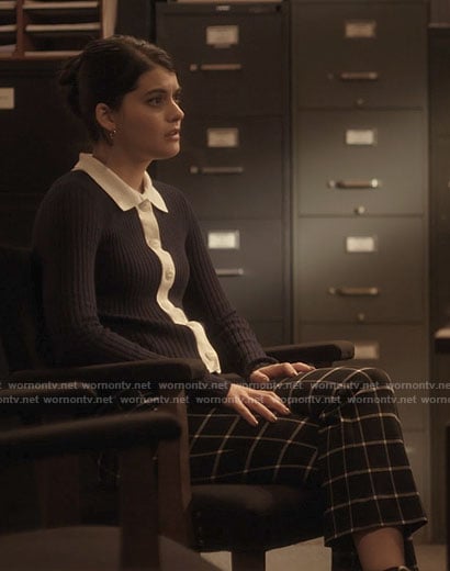 Sam’s navy contrast collar cardigan and checked pants on Single Drunk Female