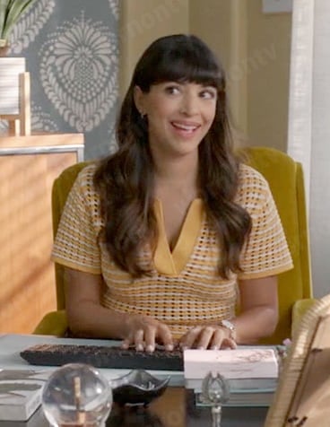 Sam’s yellow knit polo top on Not Dead Yet