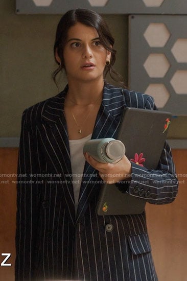 Sam’s navy pinstriped blazer on Single Drunk Female