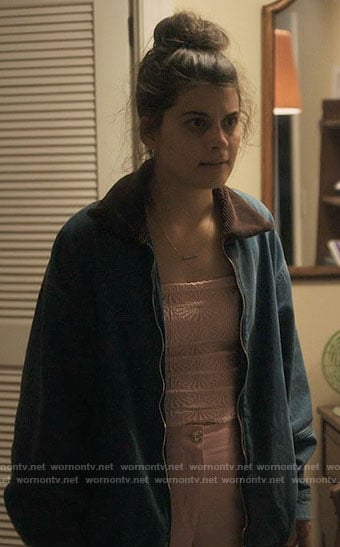 Sam’s pink textured top and oversized denim jacket on Single Drunk Female