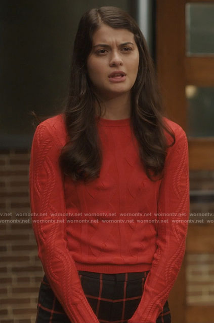 Sam’s red cable knit sweater and checked pants on Single Drunk Female