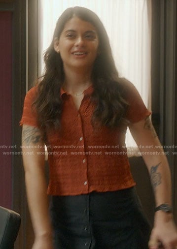Sam’s rust button up top on Single Drunk Female