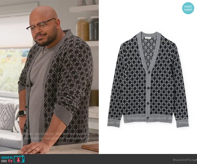 Cross Geo Pattern Cardigan worn by Wyatt (Justin Cunningham) on Grand Crew