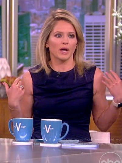 Sara’s navy satin ruched dress on The View