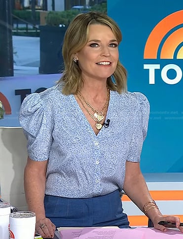 Savannah’s blue floral top and flare pants on Today