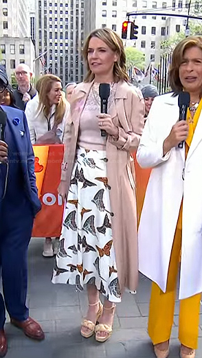 Savannah’s butterfly print skirt and beige coat on Today