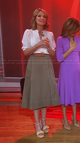 Savannah’s white puff sleeve top and khaki skirt on Today