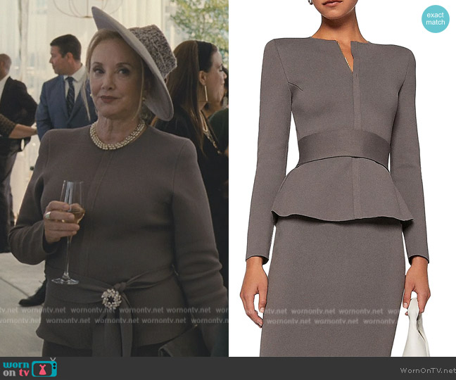 Scanlan Theodore Belted Crepe Knit Curved Hem Jacket worn by (J. Smith-Cameron) on Succession