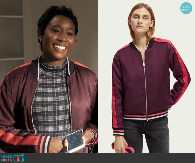Scotch & Soda Printed reversible padded bomber jacket in Planetary Icons worn by Brit Monclair (Sasha Compère) on Single Drunk Female