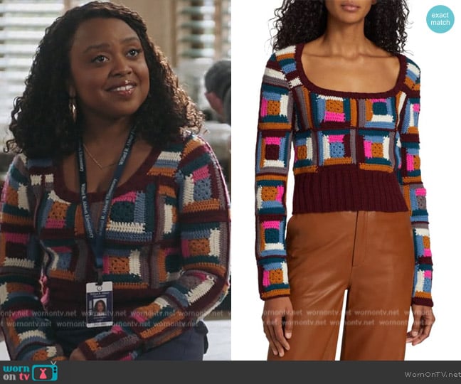 SEA Camryn Crocheted Sweater worn by Janine Teagues (Quinta Brunson) on Abbott Elementary