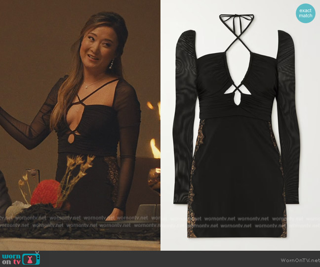 Self Portrait Cutout lace-trimmed stretch-jersey and chiffon halterneck mini dress worn by Naomi (Ashley Park) on Beef