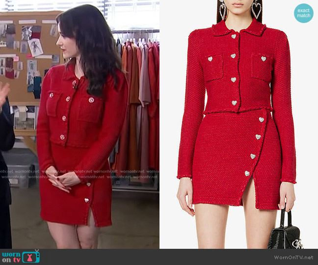 Self Portrait Melange Cropped Wool-Blend Knitted Cardigan worn by Rachel Brosnahan on Access Hollywood
