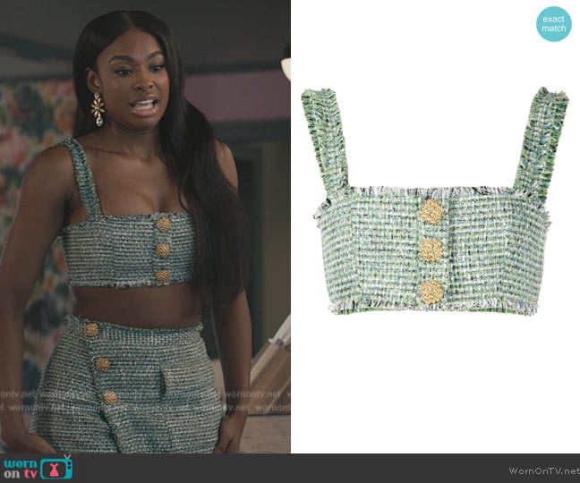 Self Portrait Button-embellished Boucle Cropped Top worn by Hilary Banks (Coco Jones) on Bel-Air