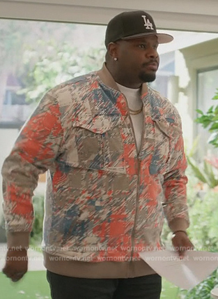 Sherm’s abstract print jacket on Grand Crew