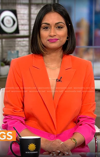 Shanelle Kaul’s orange and pink colorblock suit on CBS Mornings