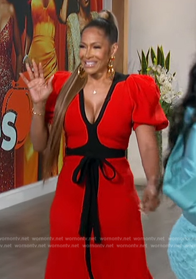 Sheree Whitfield’s red contrast tie waist dress on The Talk