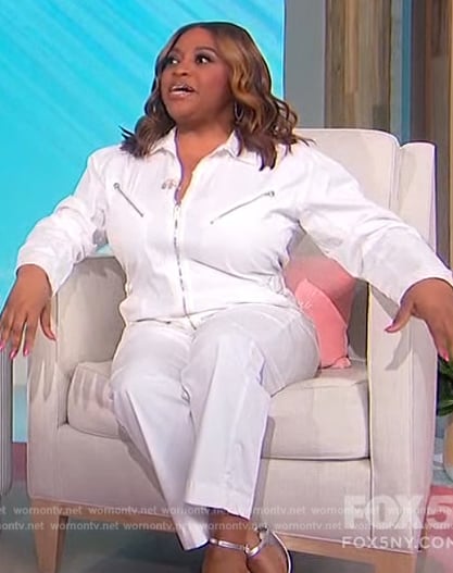 Sherri’s white zip front jumpsuit on Sherri
