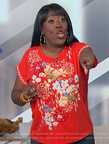 Sheryl’s red floral embroidered top on The Talk