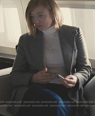 Shiv’s check blazer and turtleneck sweater on Succession