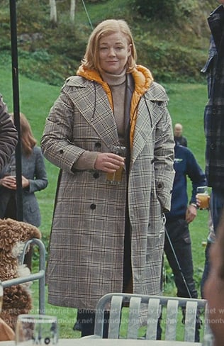 Shiv’s gray plaid double breasted coat on Succession