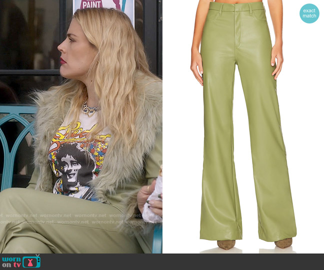 Show Me Your Mumu Tribeca Faux Leather Flare Pants in Sage worn by Darby (Busy Philipps) on Single Drunk Female