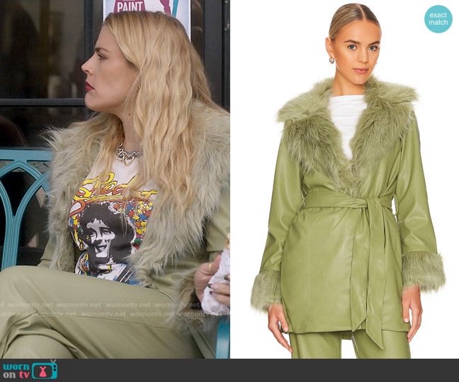 Show Me Your Mumu Penny Lane Faux Leather Jacket in Sage worn by Darby (Busy Philipps) on Single Drunk Female