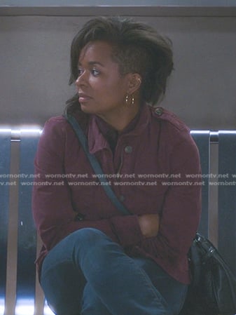 Simone’s burgundy utility jacket on Greys Anatomy