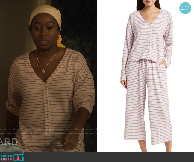 Splendid Print Long Sleeve Crop Pajamas in Heaven Pink Brown Stripe worn by Brit Monclair (Sasha Compère) on Single Drunk Female