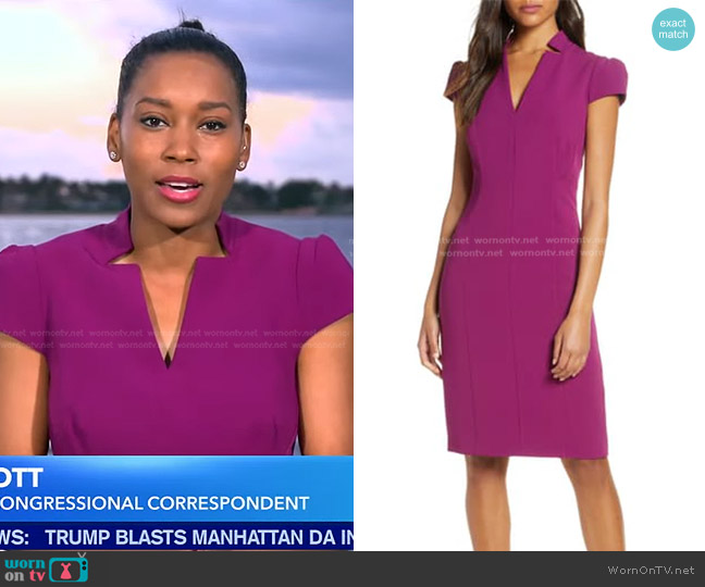 Tahari Star Neck Cap Sleeve Stretch Crepe Sheath Dress worn by Rachel Scott on Good Morning America