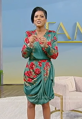 Tamron’s green floral print mini dress on Tamron Hall Show
