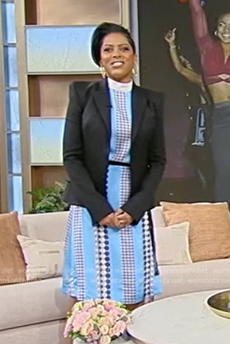 Tamron’s  blue printed belted dress on Tamron Hall Show
