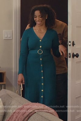 Simone’s teal ribbed button down dress on Grand Crew
