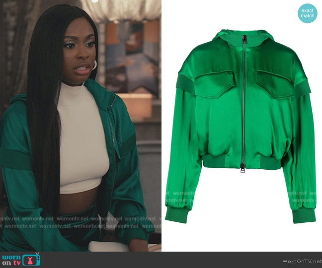 Tom Ford Inset-Shoulder Satin Zip-Up Hoodie worn by Hilary Banks (Coco Jones) on Bel-Air