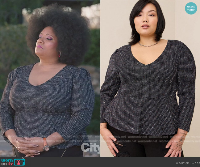 Torrid Rainbow Boucle V-Neck Peplum Top worn by Dori Ovens (X Mayo) on American Auto
