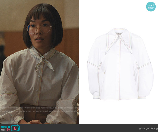Tory Burch Poplin Bow topstitch-detail blouse worn by Amy Lau (Ali Wong) on Beef