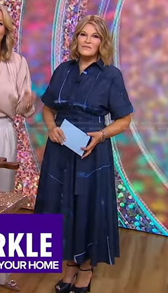 Tory Johnson’s blue plaid denim dress on Good Morning America