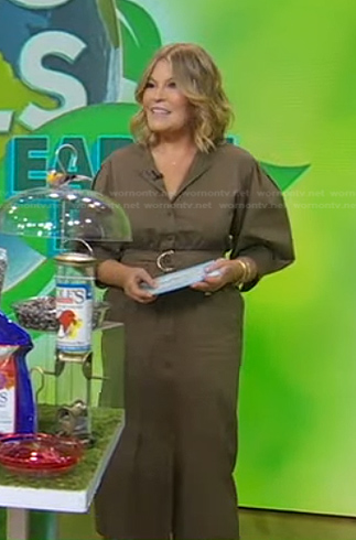 Tory Johnson’s khaki puff sleeve belted dress on Good Morning America