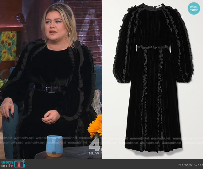 Ulla Johnson Ariane ruffled velvet midi dress worn by Kelly Clarkson on The Kelly Clarkson Show