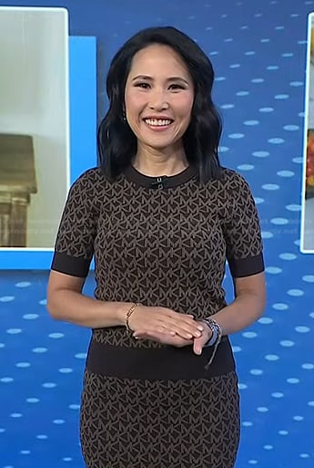 Vicky’s brown printed short sleeve top and skirt on Today