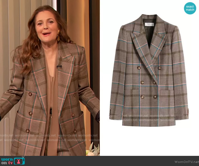 Victoria Beckham Houndstooth Double-Breasted Wool Jacket worn by Drew Barrymore on The Drew Barrymore Show