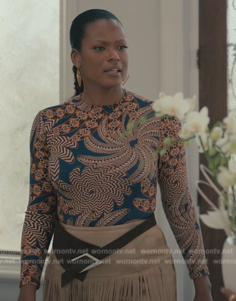 Vivian’s blue printed mesh top on Bel-Air